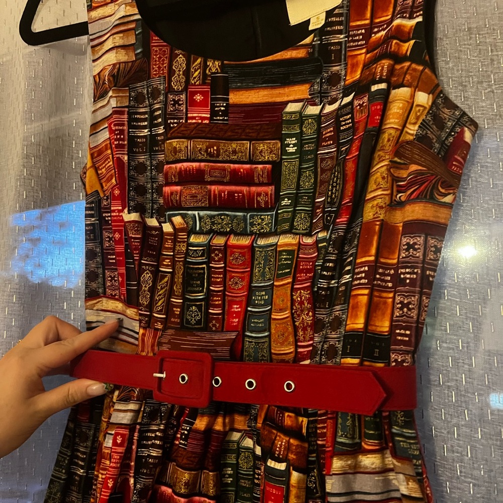 ModCloth Multicolor Book print retro flare Dress librarian teacher frizzle - Picture 2 of 7